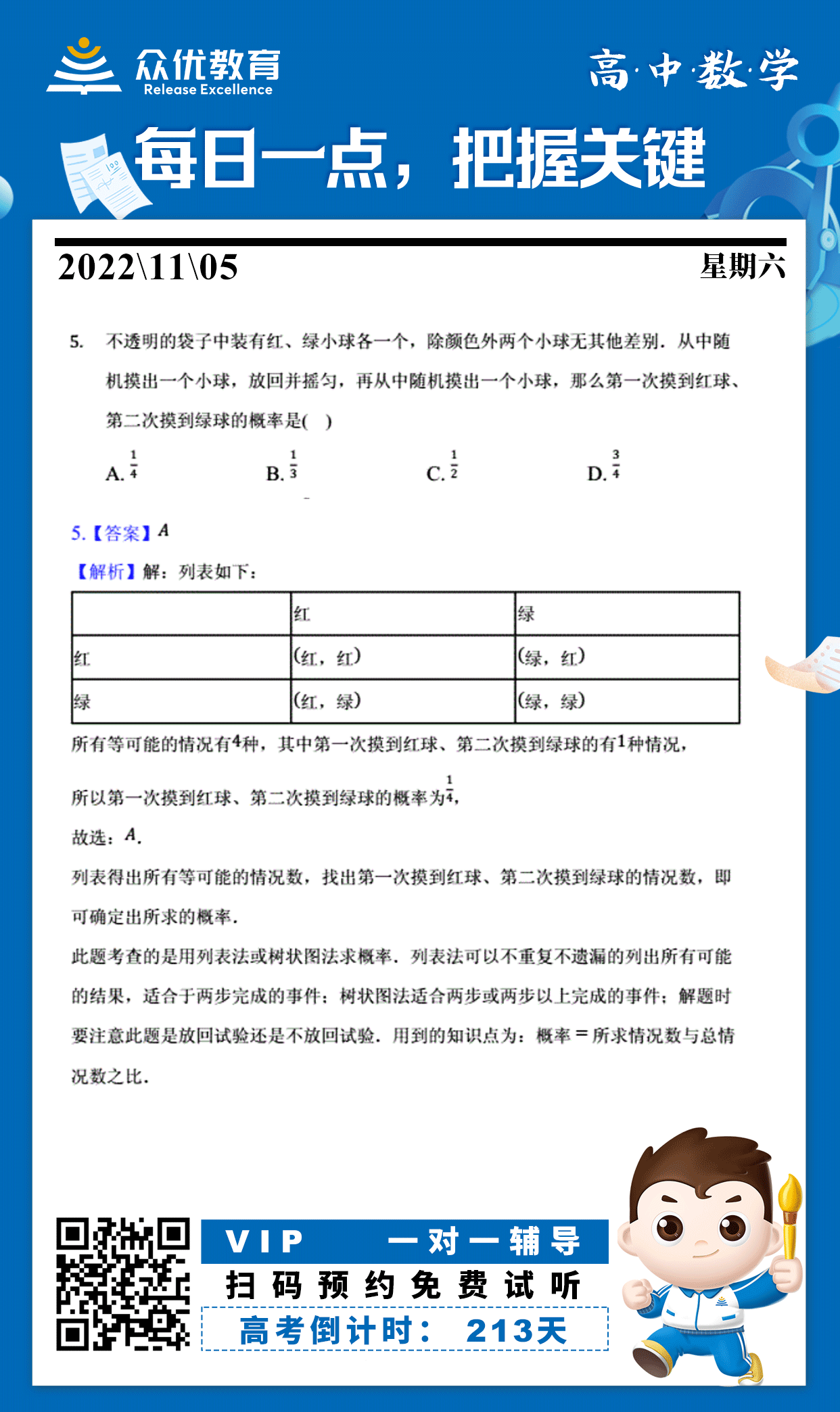 【高中数学】2022·北京卷：考查用列表法或树状图法求概率(图1)