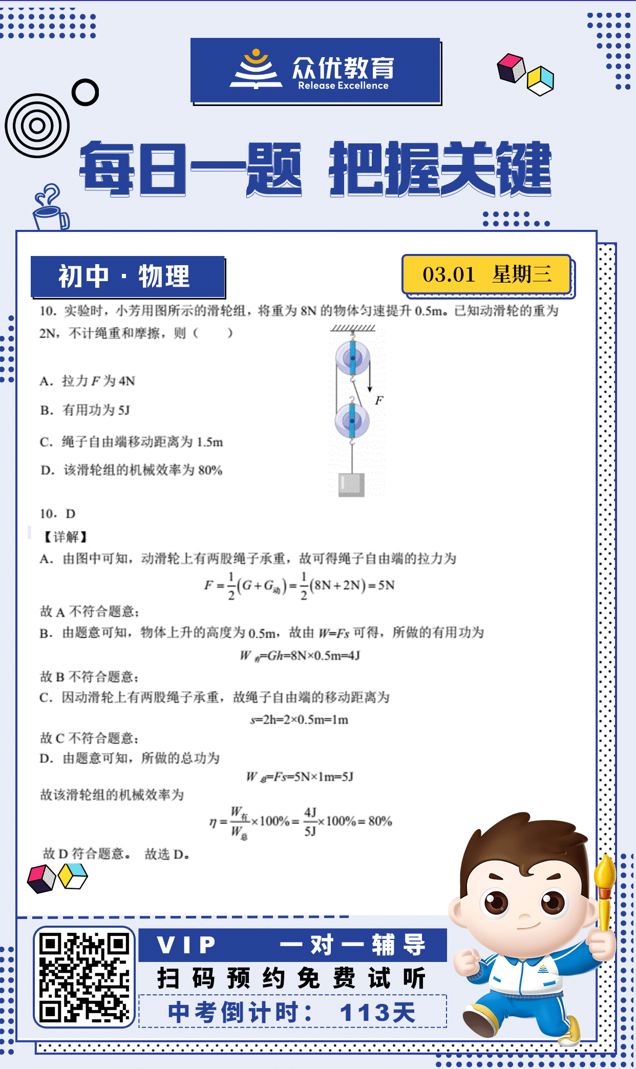 【初中物理】2022·天津卷：考查学生对有用功、总功、机械效率公式、滑轮组S=nh的理解和运用(图1)