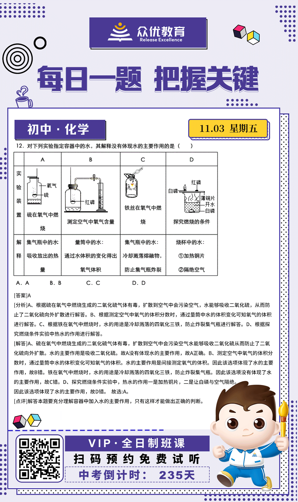 【初中化学 · 每日一练】：考查容器中加水的作用+燃烧条件实验探究(图1)