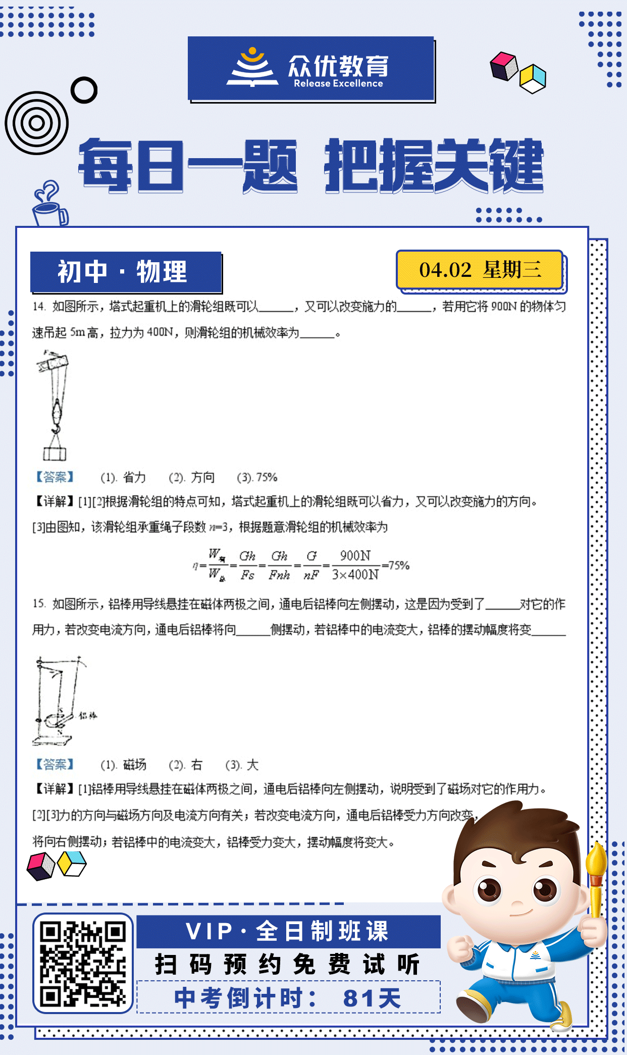 【初中物理 · 每日一练】：考查滑轮组功能+机械效率计算+磁场对电流的作用力+电流方向对受力方向的影响+电流大小对受力大小的关系(图1)
