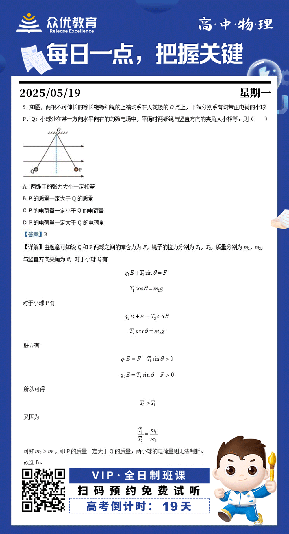 【高中物理 · 每日一练】：考查共点力平衡条件​+库仑定律​+​​电场力的性质(图1)
